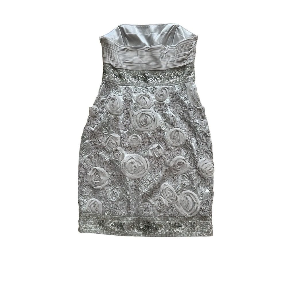 Sue Wong Nocturne NWT Embellish Beaded Rosette Dress 6‎ Platinum Silver Metallic - Picture 10 of 10